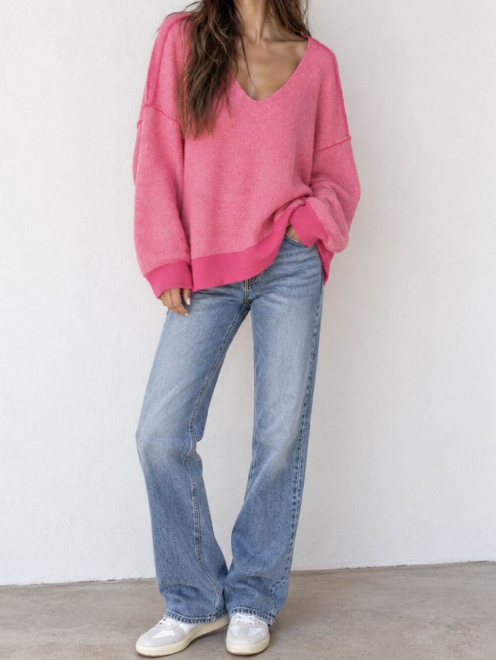Free People Sweater Weather V-Neck Pink Combo Oversized Sweater Medium